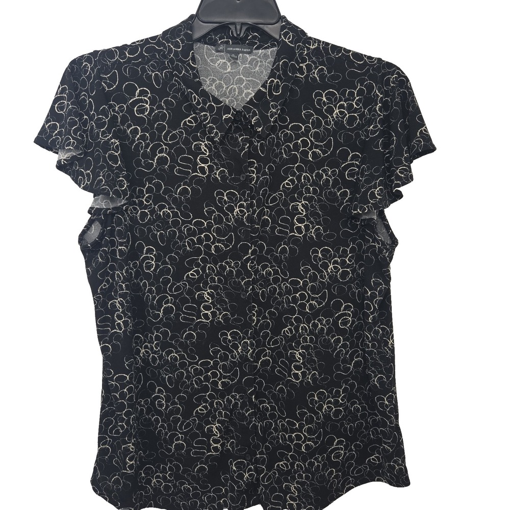 Adrianna Papell Women's XL Black Geometric Stretch Knit Button Up Top Blouse